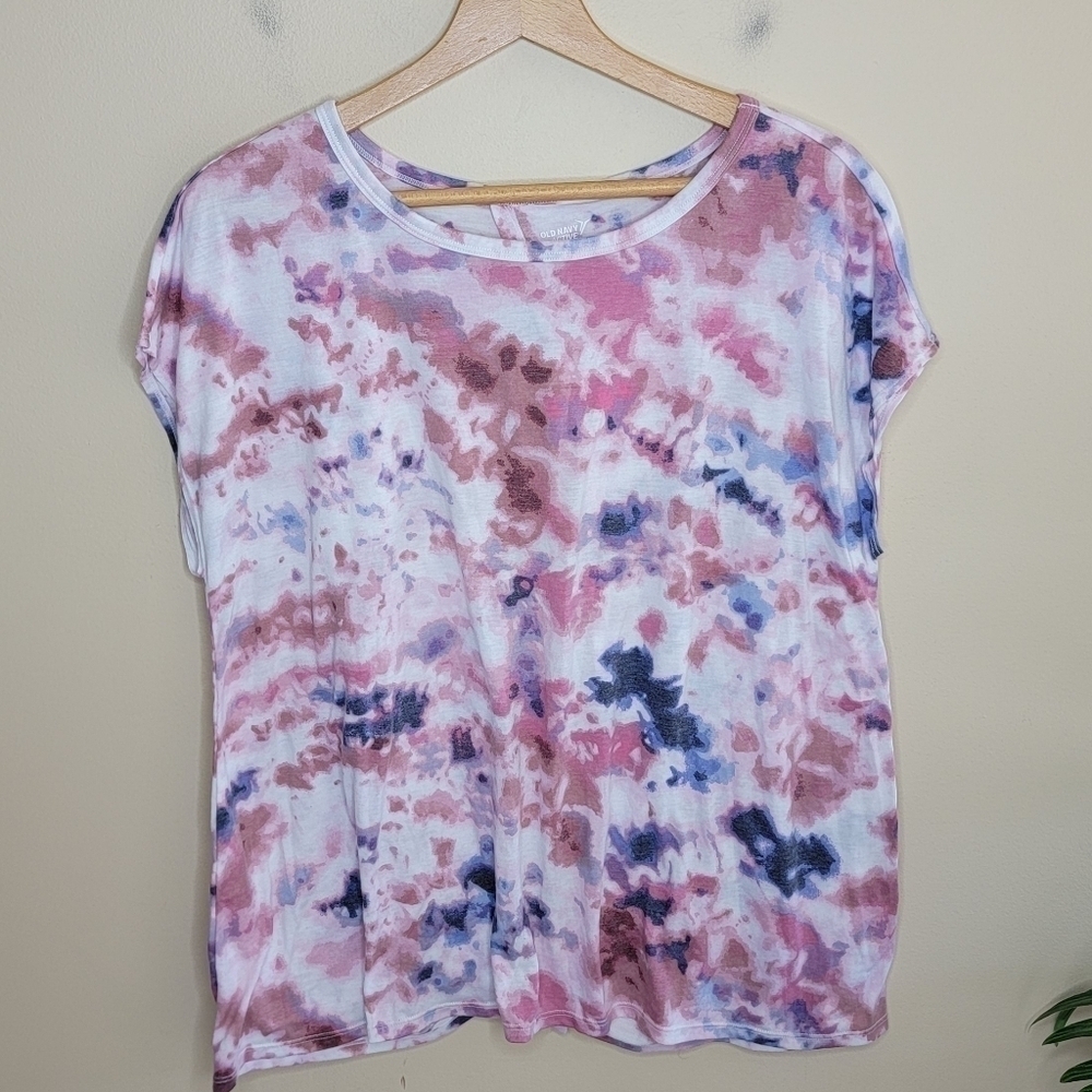 Old Navy Active Pink Navy Tie Dye Cap Sleeve Tee with Open Tie Back Size Large